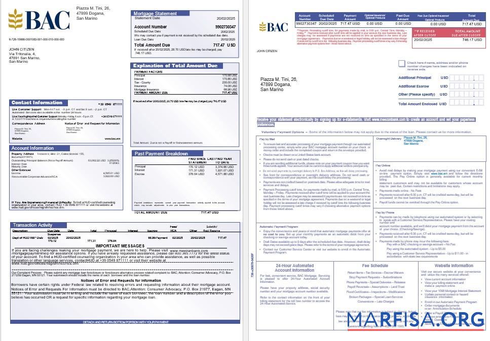 Realistic San Marino Banca Agricole Commerciale mortgage statement in Word and PDF formats 1 2 example